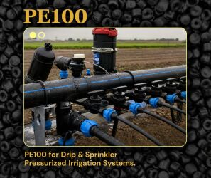 PE100 polyethylene pipes used in drip and sprinkler pressurized irrigation systems for efficient agricultural water distribution. The image shows a black PE100 irrigation pipeline with blue fittings and connectors installed in a farmland environment.
